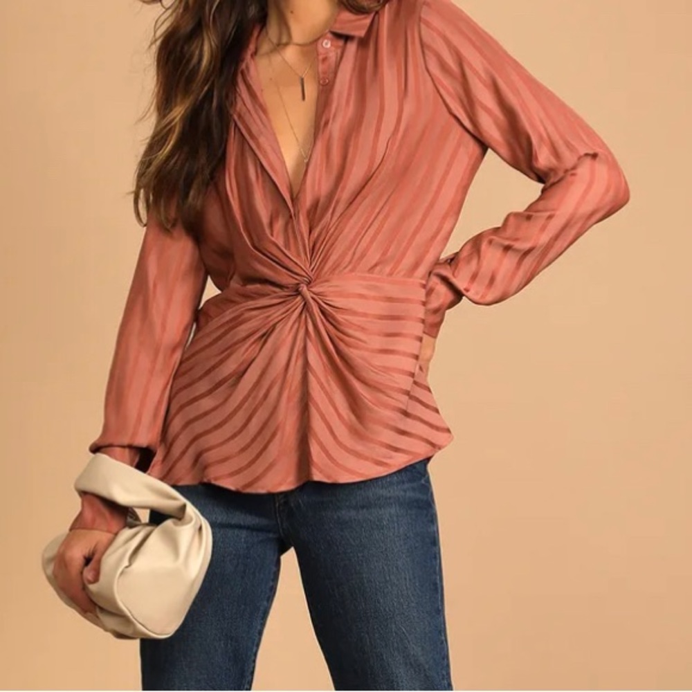 Way Forward Rose Pink Knot-Front Long Sleeve Button-Up Top